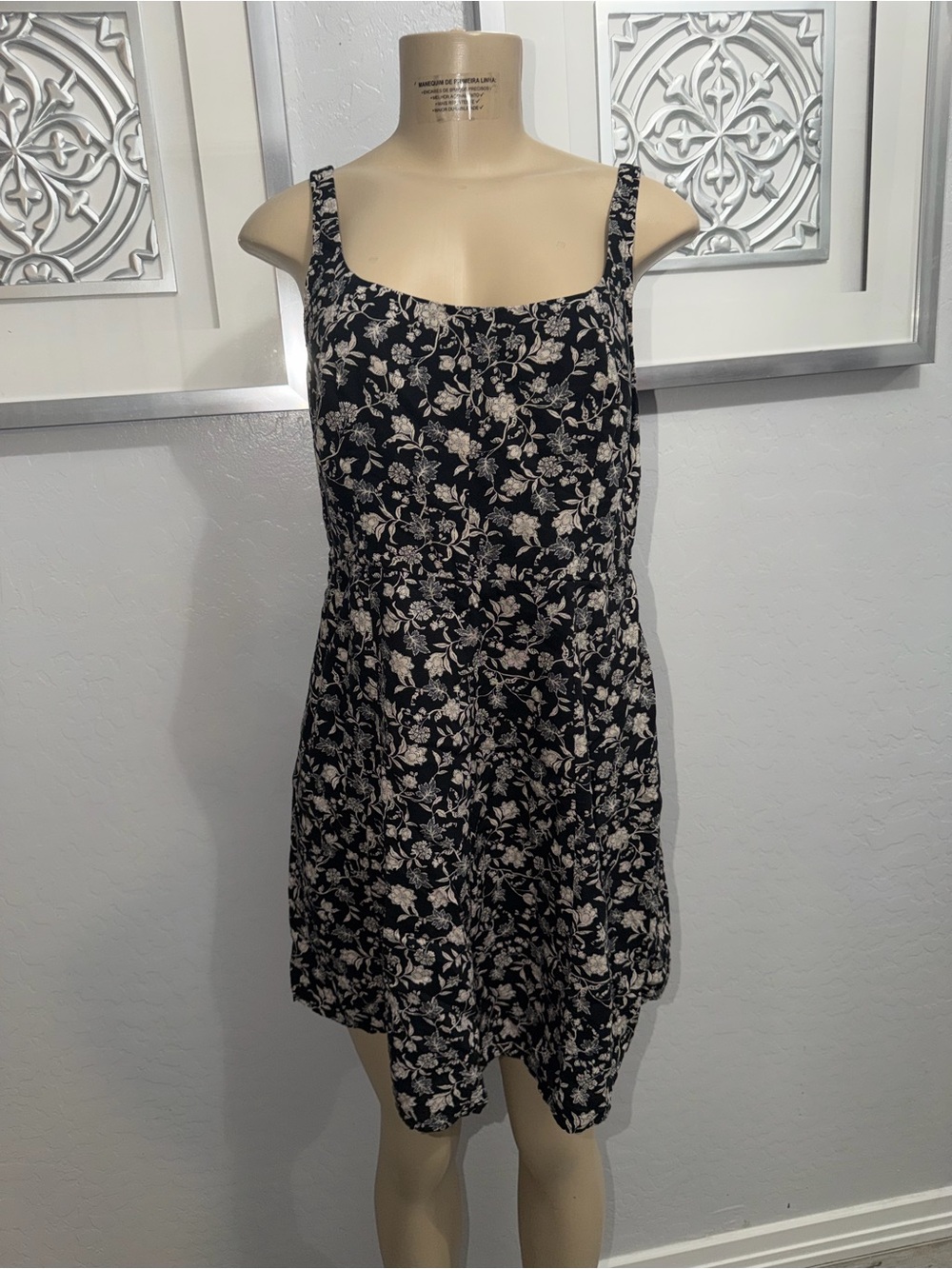 Old Navy Black Mini Dress with Cream Floral Print